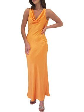 Women's Orangish Cowl Neck Summer Satin Backless Sleeveless Elegant Maxi Dress